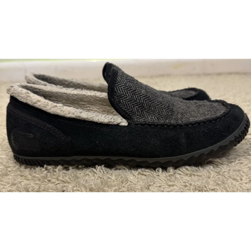 Sorel Mens Dude Moc Black Suede And Tweed Sherpa Lined Slippers Size 8 Warm Home
